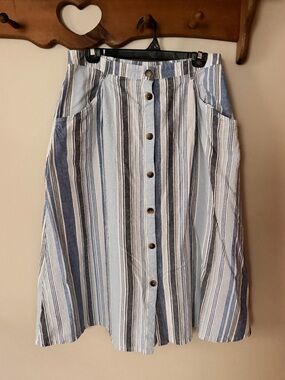Natural Fiber 90s Vintage Striped Button-Front Blue and White Midi Skirt